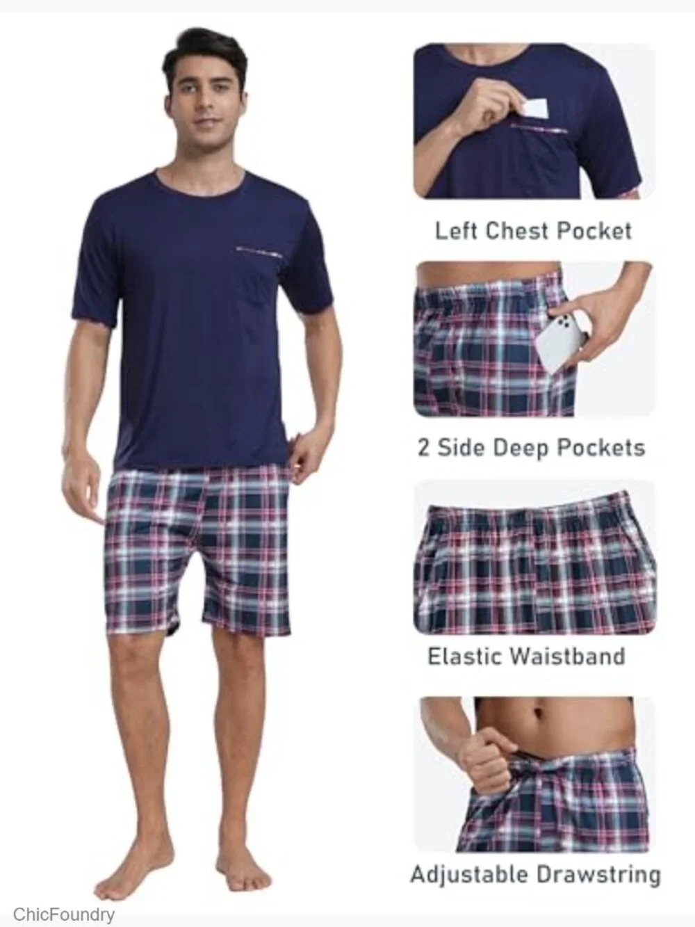 Men's Pajama Short Set Short Sleeve Sleepwear Loungewear with Pockets S-3XL